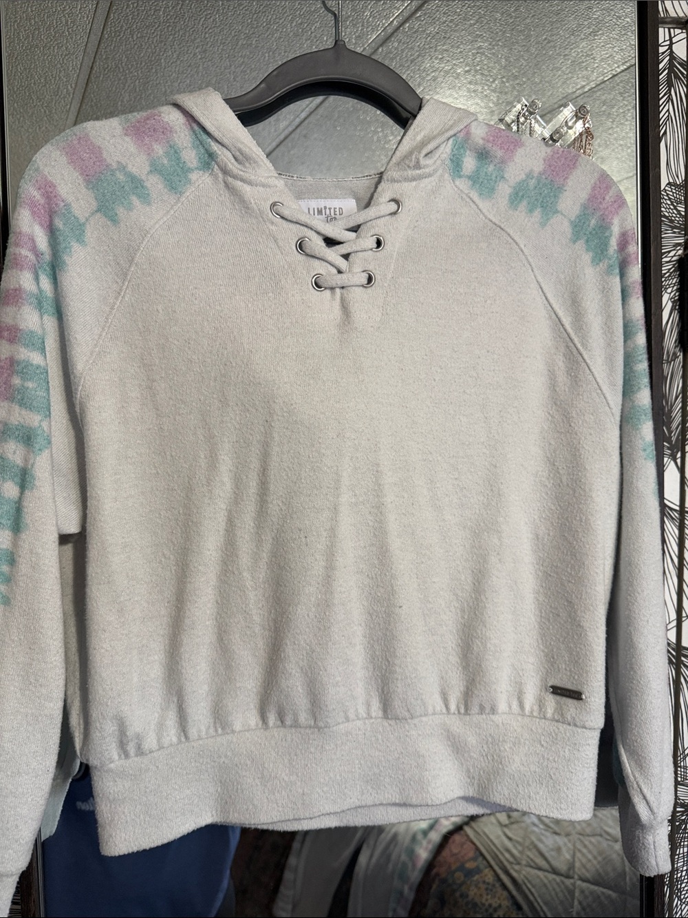 Limited Too Light Gray Hoodie with Pink & Teal Tie-Dye Shoulders